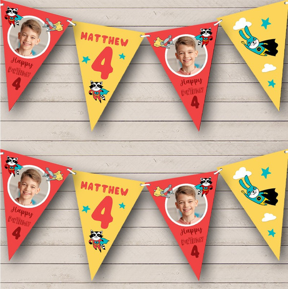 4th Birthday Boy Kids Superhero Red Photo Red Any Age Custom Personalised Flag Banner Bunting