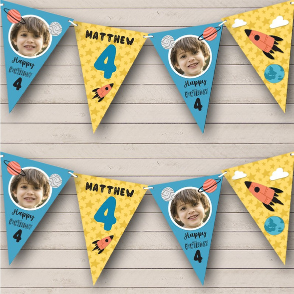 4th Birthday Boy Out Of Space Stars Yellow Photo Any Age Custom Personalised Flag Banner Bunting