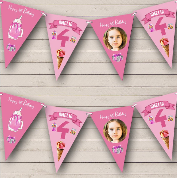 4th Birthday Girl Kid Sweets Ice Cream Pink Photo Any Age Custom Personalised Flag Banner Bunting