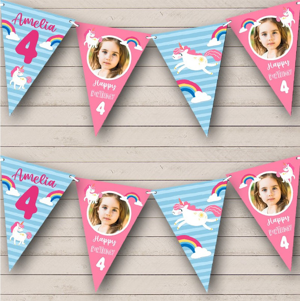 4th Birthday Girl Kids Unicorn Rainbow Pink Photo Any Age Custom Personalised Flag Banner Bunting