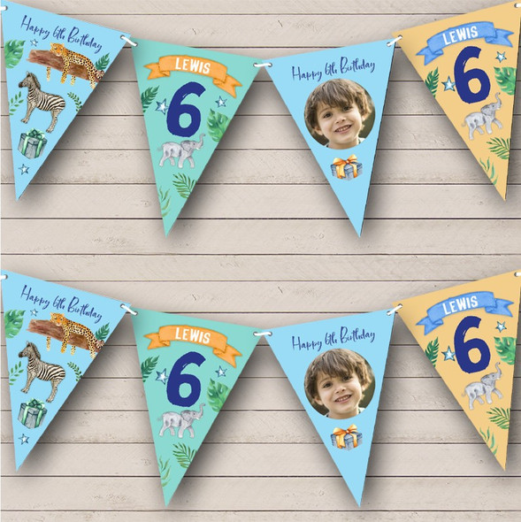 6th Birthday Boy Kid Jungle Wild Animals Photo Any Age Custom Personalised Flag Banner Bunting