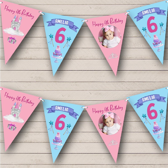6th Birthday Girl Princess Castle Pink Photo Any Age Custom Personalised Flag Banner Bunting