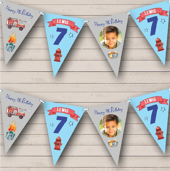 7th Birthday Boy Kids Fire Fighter Fire Truck Photo Any Age Custom Personalised Flag Banner Bunting