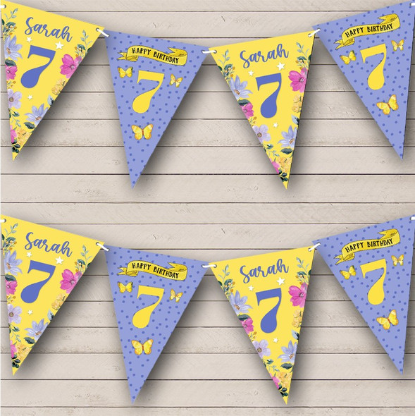 7th Birthday Girl Pretty Flowers Purple Yellow Any Age Custom Personalised Flag Banner Bunting