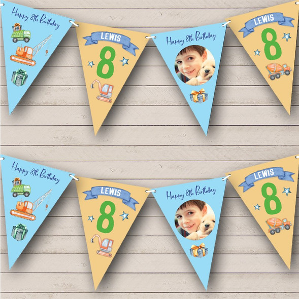 8th Birthday Boy Cars Trucks Toys Blue Orange Photo Any Age Custom Personalised Flag Banner Bunting