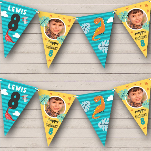 8th Birthday Boy Kids Dinosaur Photo Blue Yellow Any Age Custom Personalised Flag Banner Bunting