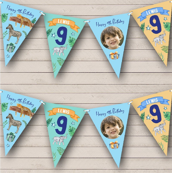 9th Birthday Boy Kid Jungle Wild Animals Photo Any Age Custom Personalised Flag Banner Bunting