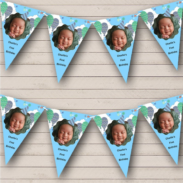 Birthday Balloons Party Hat Baby Photo Custom Personalised Party Flag Banner Bunting