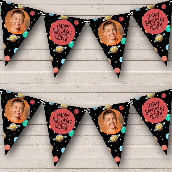 Black Space Bright Planets Birthday Photo Custom Personalised Party Flag Banner Bunting