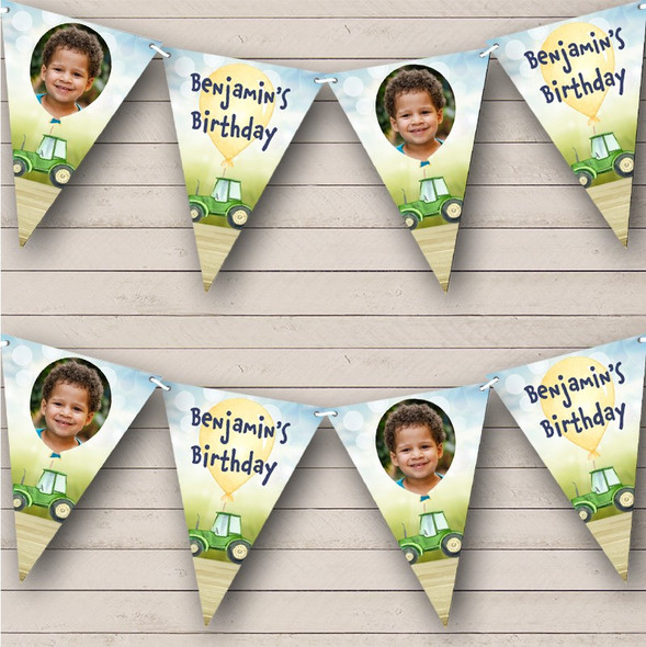 Green Farm Tractor Kids Birthday Photo Custom Personalised Party Flag Banner Bunting