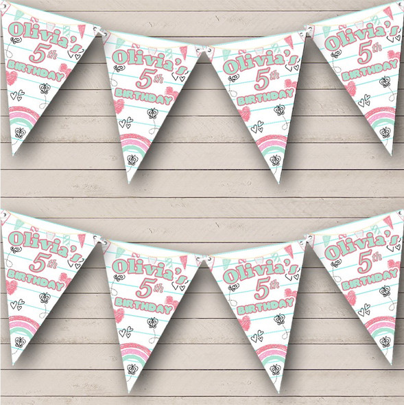 Kids Birthday Doodles Heart Rainbow Butterfly Age Custom Personalised Flag Banner Bunting