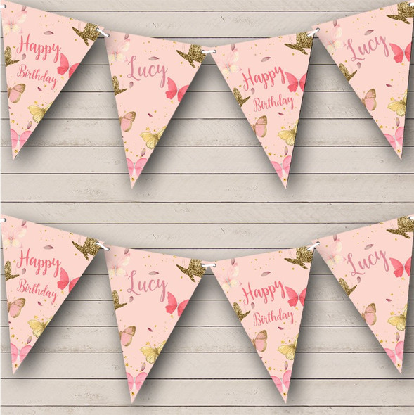 Pink Gold Butterflies Happy Birthday Custom Personalised Party Flag Banner Bunting