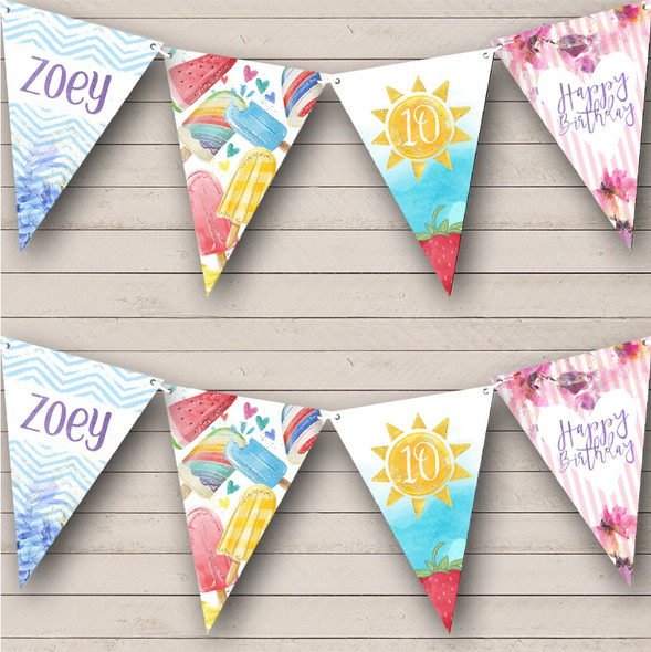 Summer Time Bright Floral Lollies Birthday Custom Personalised Party Flag Banner Bunting