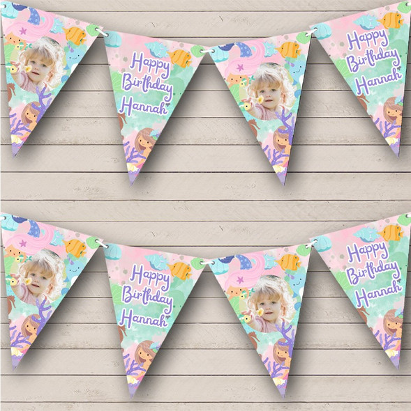 Watercolour Mermaid Sea Birthday Photo Custom Personalised Party Flag Banner Bunting