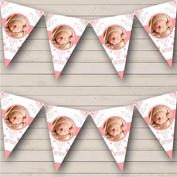 White Pink Stork Baby Girl Photo Birthday Custom Personalised Party Flag Banner Bunting