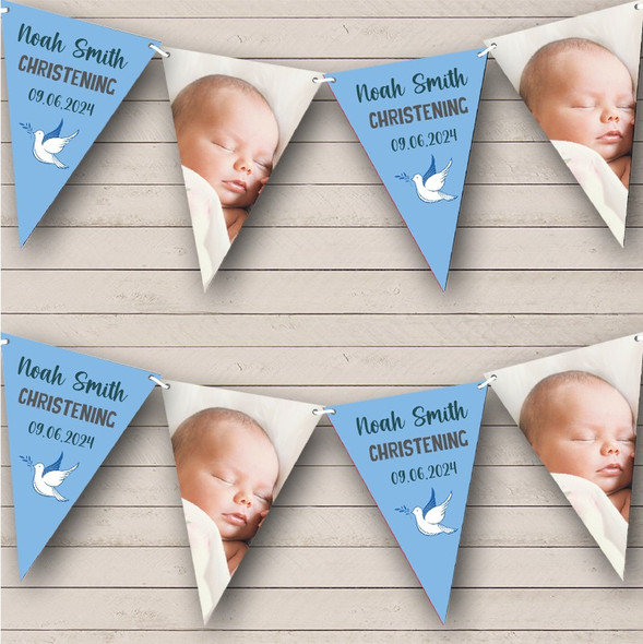 Christening Baby Boy Blue Dove Photo Custom Personalised Party Flag Banner Bunting