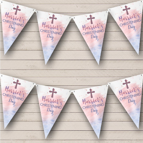 Pink Purple Watercolour Cross Christening Day Custom Personalised Party Flag Banner Bunting