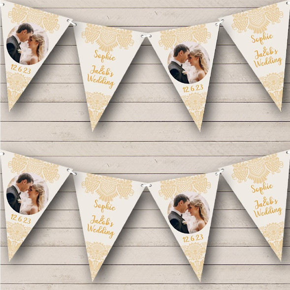 Beige Gold Classic Ornament Wedding Date Photo Custom Personalised Party Flag Banner Bunting