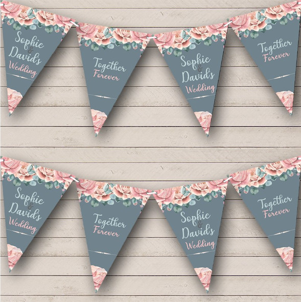 Dusky Blue Pink Roses Wedding Day Married Couple Custom Personalised Flag Banner Bunting