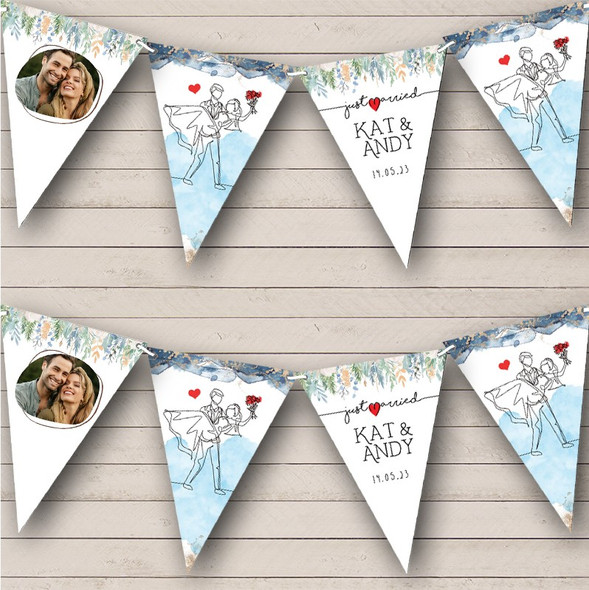 Just Married Line Couple Watercolour Floral Navy Gold Photo Custom Personalised Flag Banner Bunting