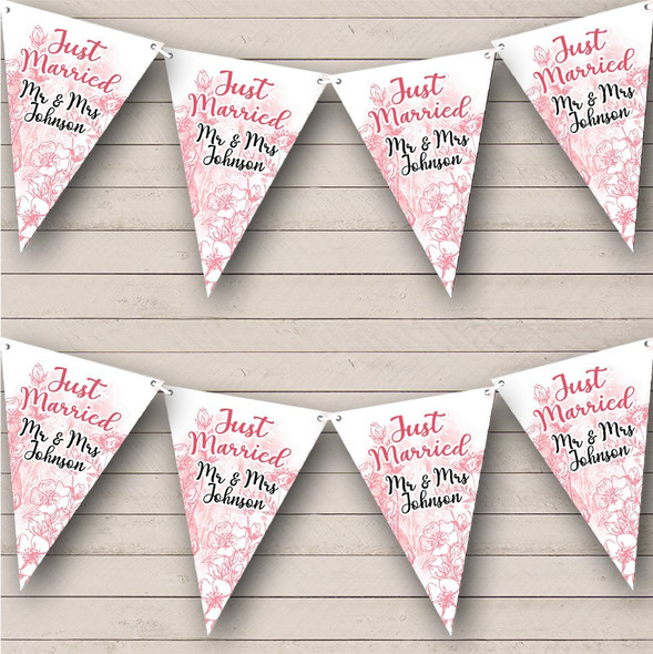 Just Married Watercolour Pink Flowers Wedding Day Custom Personalised Flag Banner Bunting