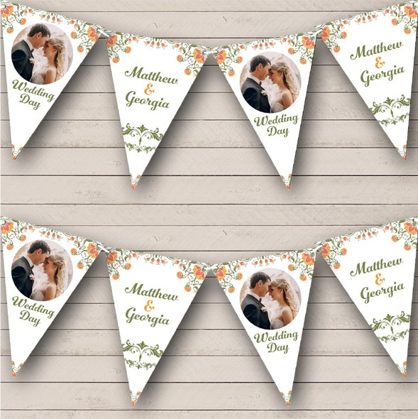 Minimal Green Orange Flowers Wedding Day Photo Custom Personalised Party Flag Banner Bunting