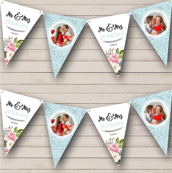 Wedding Day Teal Leaves & Roses Photo Custom Personalised Party Flag Banner Bunting