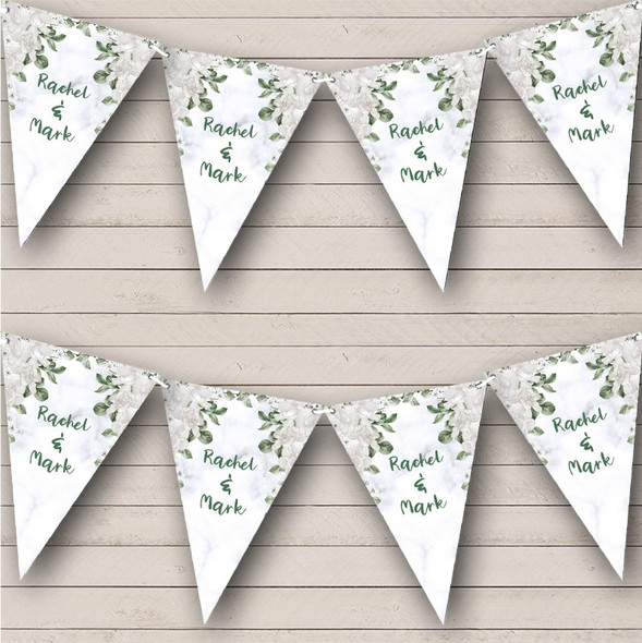 White Flowers Marble Pattern Leaves Wedding Day Custom Personalised Flag Banner Bunting