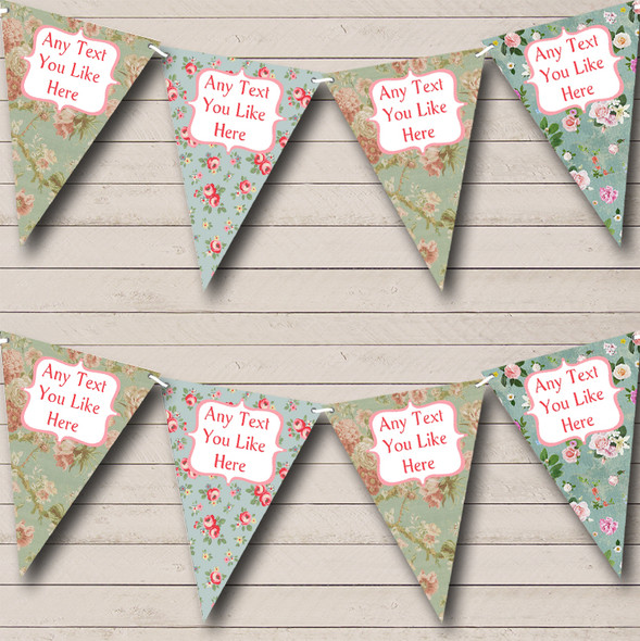 Shabby Chic Floral Blue Greens Custom Personalised Wedding Anniversary Party Flag Banner Bunting