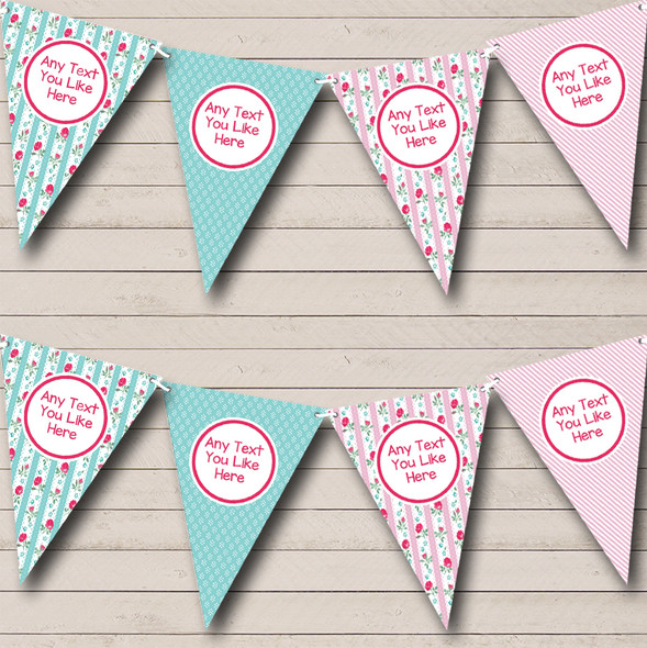 Chintz Roses Pink Stripes Green Custom Personalised Wedding Anniversary Party Flag Banner Bunting