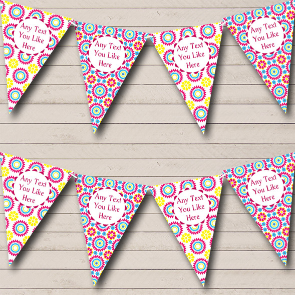Bright Pink Yellow Blue Flower Custom Personalised Wedding Anniversary Party Flag Banner Bunting