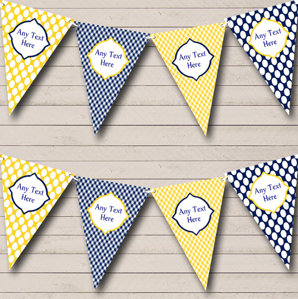 Yellow And Navy Blue Spots And Stripes Custom Personalised Birthday Party Flag Banner Bunting