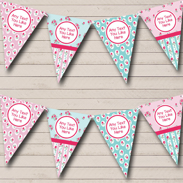 Shabby Chic Small Roses Pink Green Vintage Custom Personalised Birthday Party Flag Banner Bunting