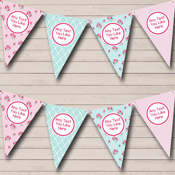 Shabby Chic Roses Pink Stripes Green Chintz Custom Personalised Birthday Party Flag Banner Bunting