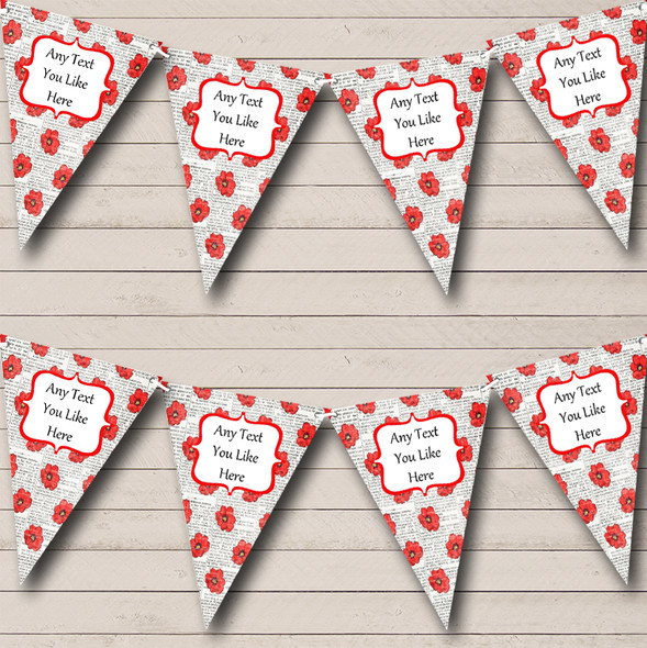 Shabby Chic Newspaper And Red Poppy Flowers Custom Personalised Birthday Party Flag Banner Bunting