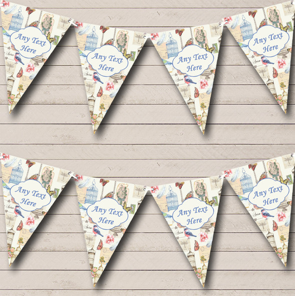 Shabby Chic Bird Butterfly And Birdcage Custom Personalised Birthday Party Flag Banner Bunting