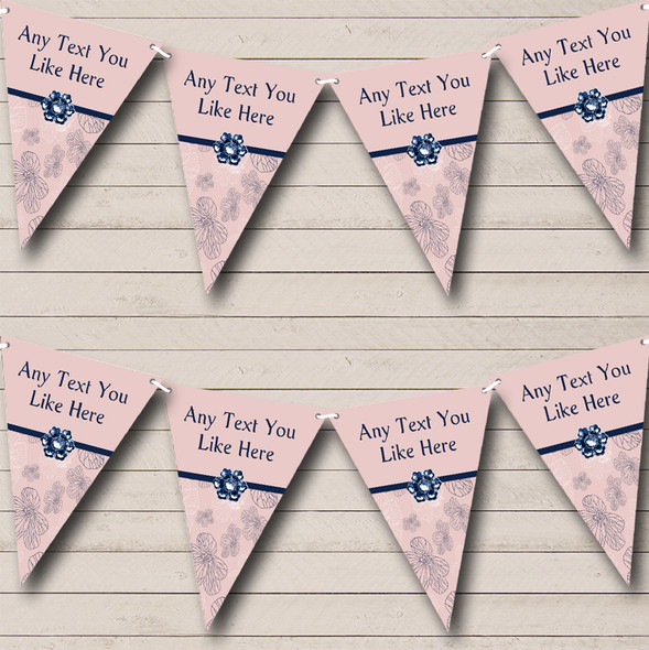 Dusty Coral Pink And Navy Blue Floral Custom Personalised Birthday Party Flag Banner Bunting