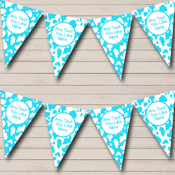 Cow Print Animal Happy Birthday Aqua White Custom Personalised Birthday Party Flag Banner Bunting