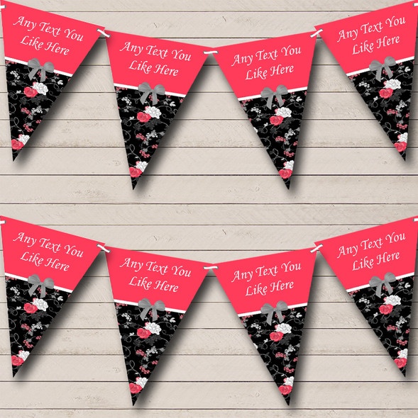 Coral Pink & Black Shabby Chic Vintage Custom Personalised Birthday Party Flag Banner Bunting