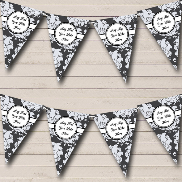 Charcoal Grey And White Floral Custom Personalised Birthday Party Flag Banner Bunting