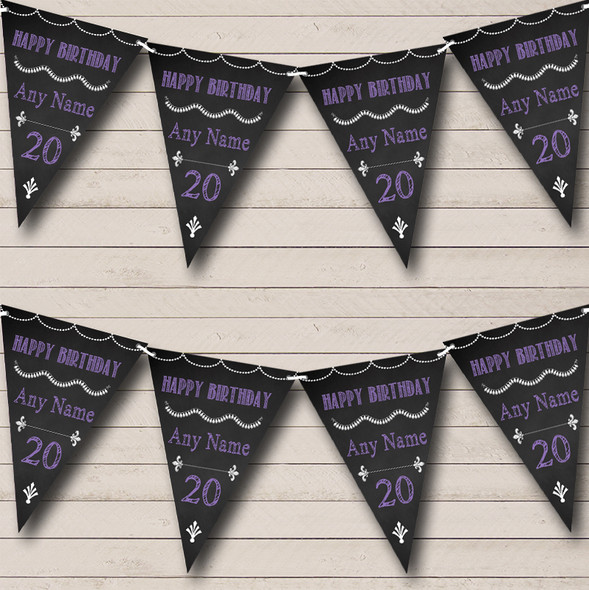 Chalkboard Style Black White & Purple Custom Personalised Birthday Party Flag Banner Bunting