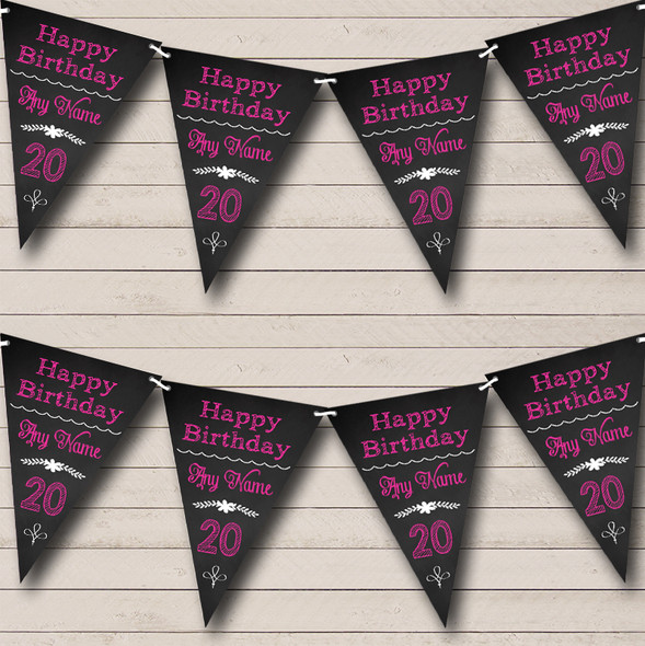 Chalkboard Look Black White & Hot Pink Custom Personalised Birthday Party Flag Banner Bunting