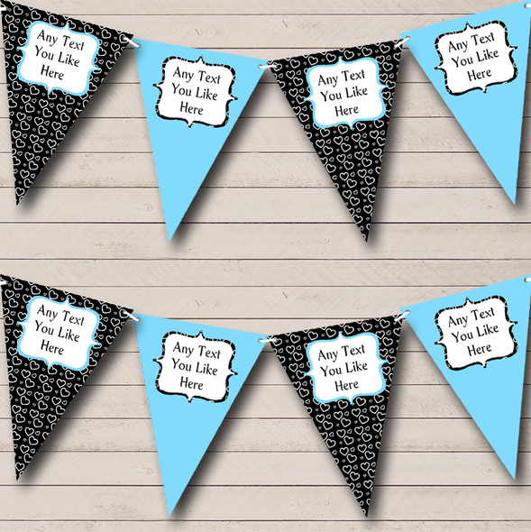 Sky Blue & Black Hearts Custom Personalised Children's Birthday Party Flag Banner Bunting