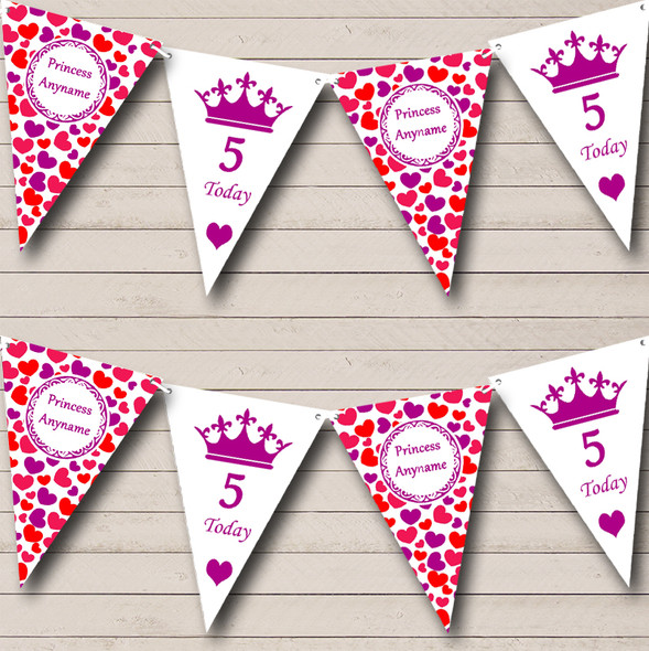 Purple Pink Red Hearts Princess Custom Personalised Children's Birthday Party Flag Banner Bunting