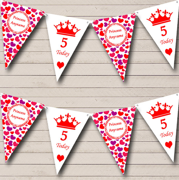 Pink Red Hearts Princess Girls Custom Personalised Children's Birthday Party Flag Banner Bunting