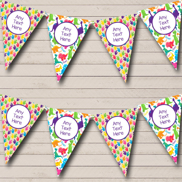 Dinosaur Colourful Footprints Custom Personalised Children's Birthday Party Flag Banner Bunting