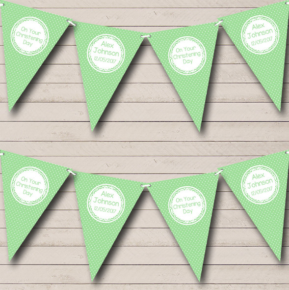 Polkadot Light Green Custom Personalised Christening Baptism Flag Banner Bunting