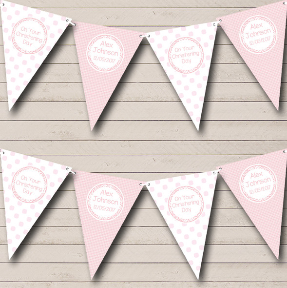 Pink Check And Spots Custom Personalised Christening Baptism Flag Banner Bunting