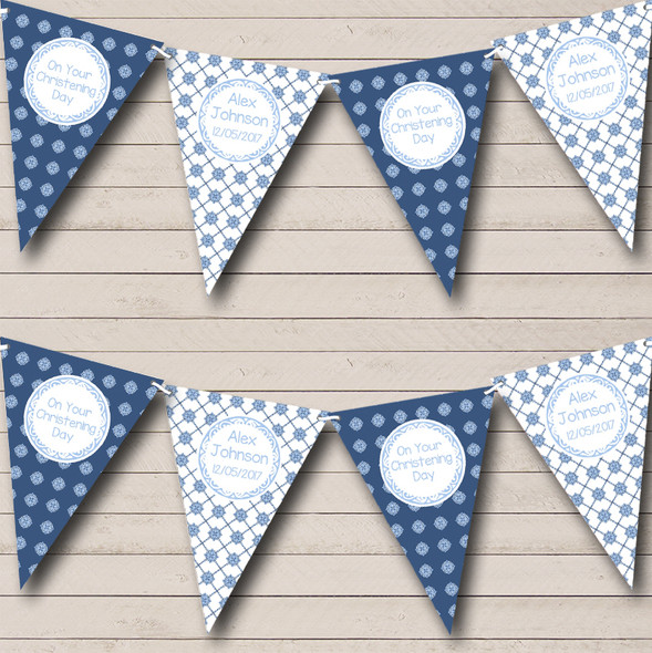 Blue Pretty Patterns Custom Personalised Christening Baptism Flag Banner Bunting