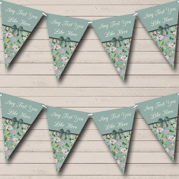 Vintage Shabby Chic Green Bow Custom Personalised Engagement Party Flag Banner Bunting